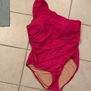 J. Crew 20 Ruched One Shoulder One Piece Bathing Suit in Radiant Fuchsia